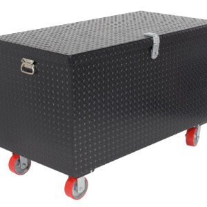 The Vestil Stl Treadplate Toolbox W/Casters 24 X 48 is a large black metal storage chest with a diamond plate pattern, featuring a lid latch and four red caster wheels for easy mobility. A sturdy side handle ensures effortless movement.