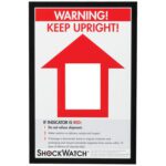 A warning label with a red upward arrow states: WARNING! KEEP UPRIGHT! For a red indicator, dont refuse the shipment; check the receipt and inspect. Boost your caution with TiltWatch® XTR Companion Labels (200/Case). ShockWatch branding is displayed at the bottom.