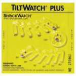Explore the TiltWatch® Plus with Label (50/Case), showcasing a yellow label and arrow indicating tilt angles from 40° to 180°. A clear window displays a black ball to show tilt, accompanied by Handle with care text and excessive tilting warnings.