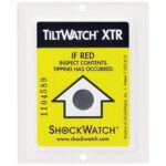 The TiltWatch® XTR (100/Case) tilt indicator label, with a black circular sensor and the warning If red, inspect contents. Tipping has occurred, ensures vigilant monitoring and features a product number under the ShockWatch brand.