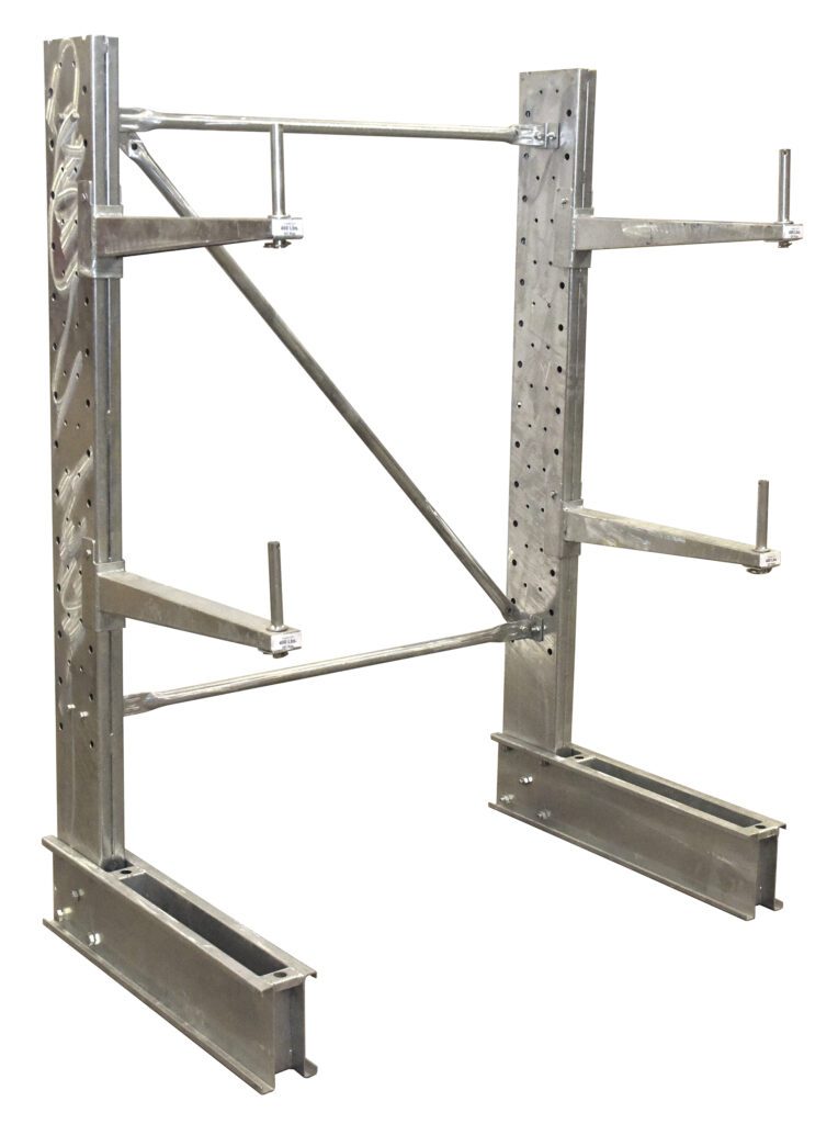 SU-C-6-24-G-SET_A.jpg The Vestil Cantilever Galv 6 Ft Sgl Side 24 Arm Set is a metal frame with adjustable arms, designed for material or equipment storage. It includes a perforated side for customization and stability, offering a sleek, industrial look.