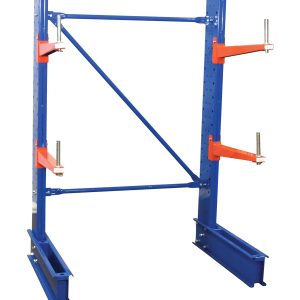 The Vestil Std Cantilever 6Sngl Side 24 Arm Set has a sturdy blue frame with red adjustable arms, featuring metal braces and beams, perfect for storing long or bulky items. It is displayed against a plain white background.