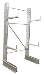 The Vestil Cantilever Galv 8 Ft Sgl Side 24 Arm Set includes vertical supports, horizontal base beams, and adjustable arms. Its perforated metal design is ideal for industrial or storage applications, offering both durability and a polished aesthetic.