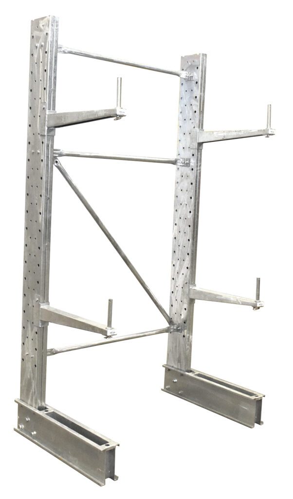 SU-C-8-24-G-SET_A.jpg The Vestil Cantilever Galv 8 Ft Sgl Side 24 Arm Set includes vertical supports, horizontal base beams, and adjustable arms. Its perforated metal design is ideal for industrial or storage applications, offering both durability and a polished aesthetic.