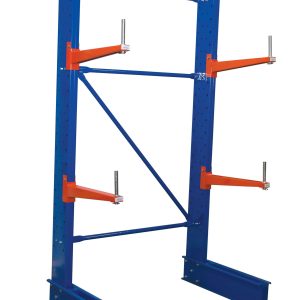 The blue metal storage rack resembles the Vestil Std Cantilever 8 Sngl Side 24 Arm Set, featuring three orange adjustable arms per side. Two horizontal base beams and diagonal crossbars provide stability and efficient organization.
