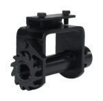 The Vestil Bolt On Truck Mounted Strap Winch is a black metal clamp with a cylindrical body, gear-like end, rectangular frame, adjustable top screws, and a central hole for secure mounting.