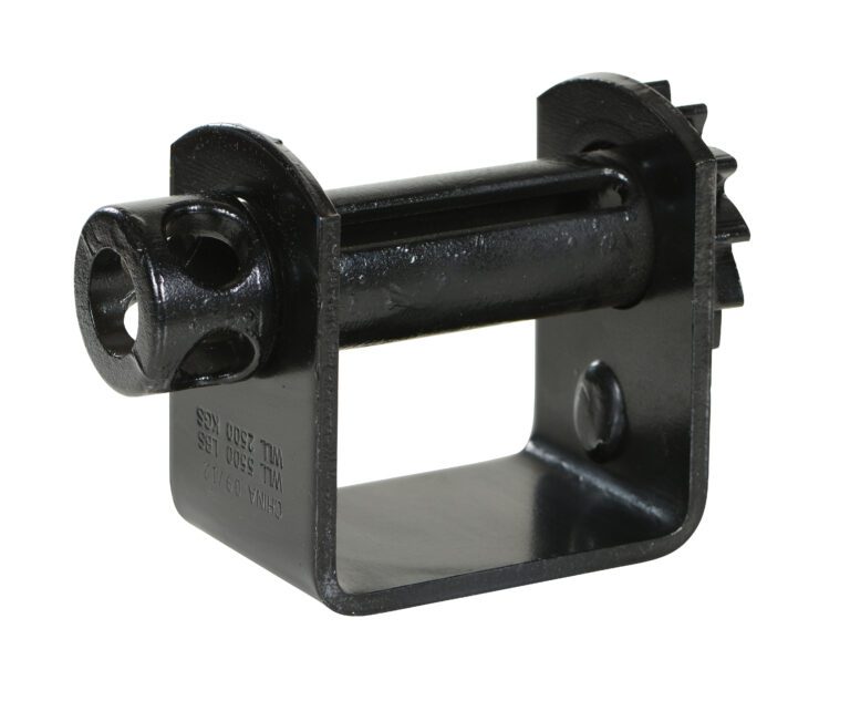 The Vestil Weld On Truck Mounted Strap Winch includes a black metal ratchet buckle with a U-shaped bracket and gear teeth for securing straps, featuring a round pin and screw on the bracket, all in a polished finish.