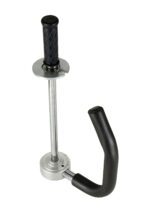 An upright silver bottle opener with a black handle and textured knob resembles the Vestil Ergo Style Hand Held Stretch Wrapper. It boasts a metallic base and curves for an ergonomic grip.