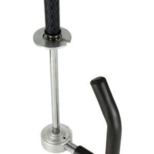 An upright silver bottle opener with a black handle and textured knob resembles the Vestil Ergo Style Hand Held Stretch Wrapper. It boasts a metallic base and curves for an ergonomic grip.