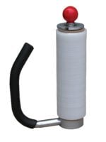 The Vestil Round Style Hand Held Stretch Wrapper has a sleek white vertical body, a red spherical top, and a black handle, making it perfect for wrapping and sealing tasks.