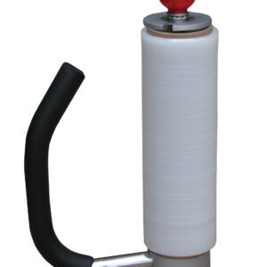 The Vestil Round Style Hand Held Stretch Wrapper has a sleek white vertical body, a red spherical top, and a black handle, making it perfect for wrapping and sealing tasks.