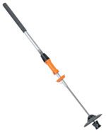 A garden tool similar to the Vestil Ergo Long Handle Stretch Wrapper is long, silver, and orange with a black handle. It has a cushioned grip and a small round cutting head at the end for precise grass trimming or edging.