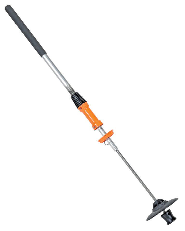 A garden tool similar to the Vestil Ergo Long Handle Stretch Wrapper is long, silver, and orange with a black handle. It has a cushioned grip and a small round cutting head at the end for precise grass trimming or edging.