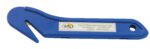 The Vestil Stretch Wrap Film Knife 7 X 2 In is a blue handheld safety cutter with a hook-shaped cutting edge, featuring a label from Vestil Manufacturing Corp. Angola, Indiana and their phone number. It also has a hole at the handles end for easy hanging.
