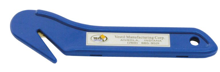 The Vestil Stretch Wrap Film Knife 7 X 2 In is a blue handheld safety cutter with a hook-shaped cutting edge, featuring a label from Vestil Manufacturing Corp. Angola, Indiana and their phone number. It also has a hole at the handles end for easy hanging.