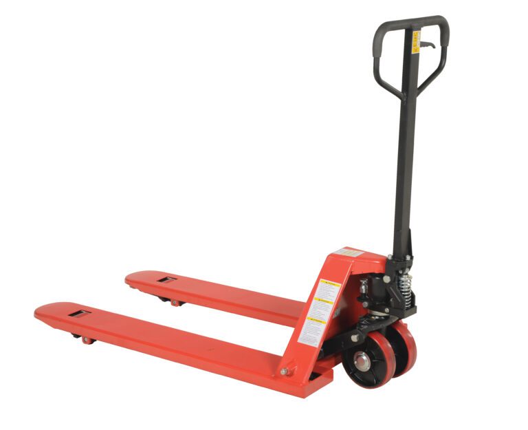 SW-PJ_A.jpg The Vestil Heavy Duty Side Winder Pallet Truck features a vibrant red finish and black handle. With two forks and front wheels, its engineered for efficiently lifting and transporting pallets.