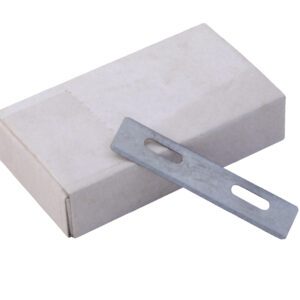 The small white cardboard box of Vestil Stretch Wrap Film Knife Blades 100 Pack has a flat metal bracket with two elongated slots on top, set against a plain white background.