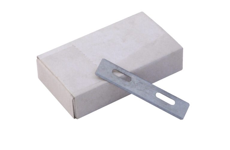 The small white cardboard box of Vestil Stretch Wrap Film Knife Blades 100 Pack has a flat metal bracket with two elongated slots on top, set against a plain white background.