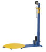 The Vestil Wrap Machine W/Powered Mast 4000 Lb, designed in blue and yellow, features a circular yellow platform and vertical blue structure with mechanical components and a top motor, providing an efficient solution for packaging and wrapping tasks.
