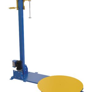 The Vestil Semi-Stretch Wrap Machine 48 In Diameter features a blue vertical column with attachments and a yellow horizontal platform, designed for industrial or laboratory use.