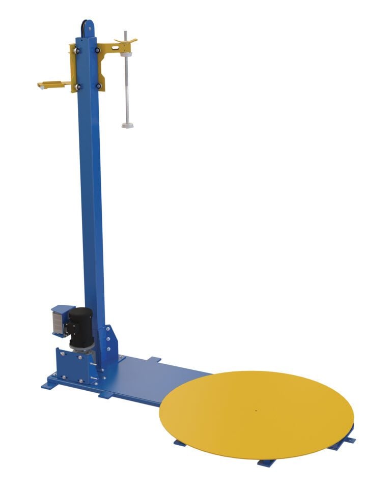 SWA-48_A.jpg The Vestil Semi-Stretch Wrap Machine 48 In Diameter features a blue vertical column with attachments and a yellow horizontal platform, designed for industrial or laboratory use.
