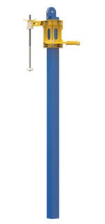 A depiction of the Vestil Manual Mast Option, a vertical mechanical jack with a blue base, yellow adjustable components, and silver clamp. It includes a long blue shaft and an adjustable yellow grip for securing objects.