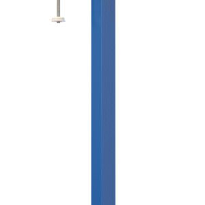 A depiction of the Vestil Manual Mast Option, a vertical mechanical jack with a blue base, yellow adjustable components, and silver clamp. It includes a long blue shaft and an adjustable yellow grip for securing objects.
