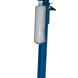 A blue vertical metal stand holds a cylindrical white object, similar to a manual tool or dispenser, with adjustable wing nuts on top, reflecting the industrial precision of the Vestil Powered Mast Option. The background is plain white.
