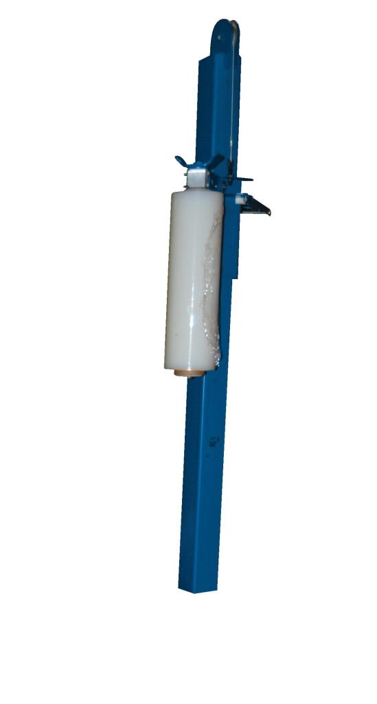 A blue vertical metal stand holds a cylindrical white object, similar to a manual tool or dispenser, with adjustable wing nuts on top, reflecting the industrial precision of the Vestil Powered Mast Option. The background is plain white.