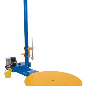 The Vestil Semi-Automatic Stretch Wrap Machine 50In boasts a yellow and blue design with a vertical mast and control panel, featuring a textured circular platform for grip. A foot pedal enables smooth operation, while discreet wiring connects its components.
