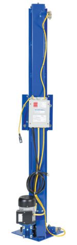 A tall blue industrial equipment, featuring a vertical structure with an electrical box and branded as the Vestil Wrap Machine Option - Powered Mast, has yellow cables and a small motor at its base, all set against a plain white background.