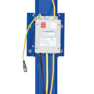 A tall blue industrial equipment, featuring a vertical structure with an electrical box and branded as the Vestil Wrap Machine Option - Powered Mast, has yellow cables and a small motor at its base, all set against a plain white background.
