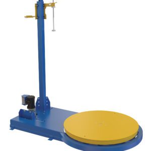 The Vestil Semi-Stretch Wrap Machine 54 In Diameter, with its blue and yellow design, features a 54-inch circular base platform and vertical arm. Perfect for industrial or warehouse use, it secures items using film via a small motor and control mechanism.