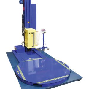 The Vestil Stretch Wrap Machine Option-Scale boasts a blue industrial design with a large circular platform marked by safety striping. A vertical arm wraps items efficiently, while its side-mounted control panel and optional scale increase functionality.