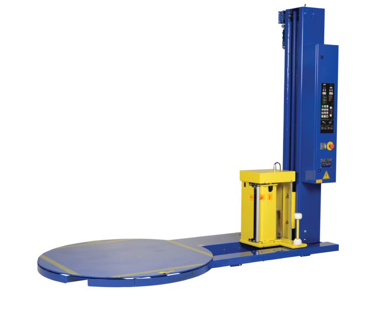 The Vestil Auto-Wrap Stretch Wrap Machine 60 In, with its blue and yellow design, features a 60-inch circular platform ideal for pallet wrapping. It includes a control panel on an upright column and a sturdy base to secure and rotate packages effortlessly during the wrapping process.