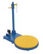 The Vestil Semi-Stretch Wrap Machine 60 In Diameter features a blue and yellow design with a 60-inch rotating platform. Its vertical arm securely holds wrapping material, making it ideal for efficiently securing loads on pallets with plastic film.