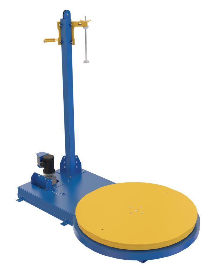 SWA-60_A.jpg The Vestil Semi-Stretch Wrap Machine 60 In Diameter features a blue and yellow design with a 60-inch rotating platform. Its vertical arm securely holds wrapping material, making it ideal for efficiently securing loads on pallets with plastic film.