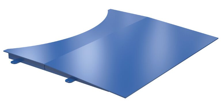 A sleek, glossy blue metal wind deflector designed for the Vestil Approach Ramp for SWA-70 only. It features a curved aerodynamic profile with mounting brackets underneath for secure attachment, elegantly reflecting light.