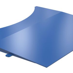 A sleek, glossy blue metal wind deflector designed for the Vestil Approach Ramp for SWA-70 only. It features a curved aerodynamic profile with mounting brackets underneath for secure attachment, elegantly reflecting light.