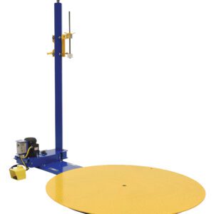 The Vestil Semi-Automatic Stretch Wrap Machine 70In includes a yellow and blue textured turntable, vertical support arm, control box, and foot pedal for efficient pallet wrapping.