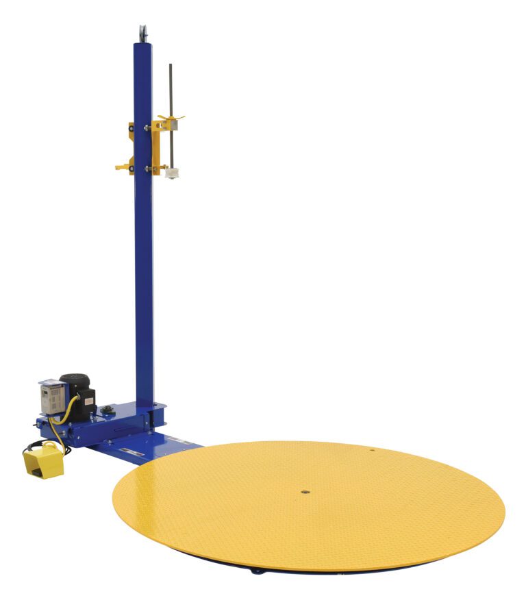 The Vestil Semi-Automatic Stretch Wrap Machine 70In includes a yellow and blue textured turntable, vertical support arm, control box, and foot pedal for efficient pallet wrapping.