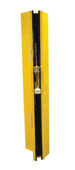A tall yellow industrial machine part with a central cavity holding a rod and brush-like components, featuring the Vestil Stretch Wrap Power Mast Chain Guard technology. It includes labels, black vertical sections on the sides, set against a plain white background.