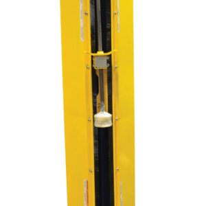 A tall yellow industrial machine part with a central cavity holding a rod and brush-like components, featuring the Vestil Stretch Wrap Power Mast Chain Guard technology. It includes labels, black vertical sections on the sides, set against a plain white background.
