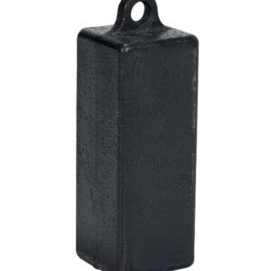 A rectangular black metal weight, the Vestil Counter Option, features a textured surface and a loop on top for easy lifting. It stands upright against a white background.