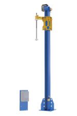 A tall blue and yellow Vestil Wrap Machine component with a metal rod stands beside a smaller blue metallic panel. This setup may be part of an industrial system, possibly featuring the Vestil Optional Retrofit Power Mast for enhanced functionality.