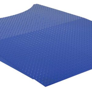 The Vestil Approach Ramp/Scale for SWA-60-AW has a blue metal build, textured surface, and two base mounting brackets. Its gentle top curve makes it perfect for loading tasks or providing smooth accessibility when used as a scale.