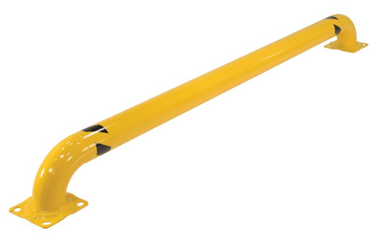 The Vestil Wheel Alignment Curb 92 In Yellow includes a safety barrier rail with curved ends, mounting plates on each side, and black triangular markings near the bends for secure ground installation.