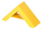 This yellow toy construction block resembles a Vestil Steel Wheel Chock 17 X 6 X 9-1/16 In, with its inverted V shape similar to a simple roof structure.