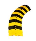 A curved pattern of alternating black and yellow rectangles, like the Vestil Sidewinder Protector- 40 X 9-3/4 Yel/Blk, on a white background likely resembles speed bumps or modular cable protectors.