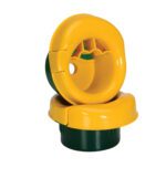 A child-proof cap similar to the Vestil Fingertip Stretch Wrap Dispenser has a yellow and green plastic design with two interlocking parts: a rounded top featuring a circular handle, and a cylindrical bottom that attaches to containers.